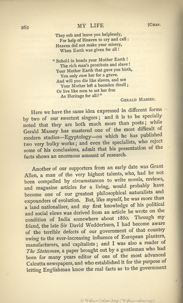 Wallace, A. R. 1905. My life: A record of events and opinions. London:  Chapman and Hall. Volume 2.